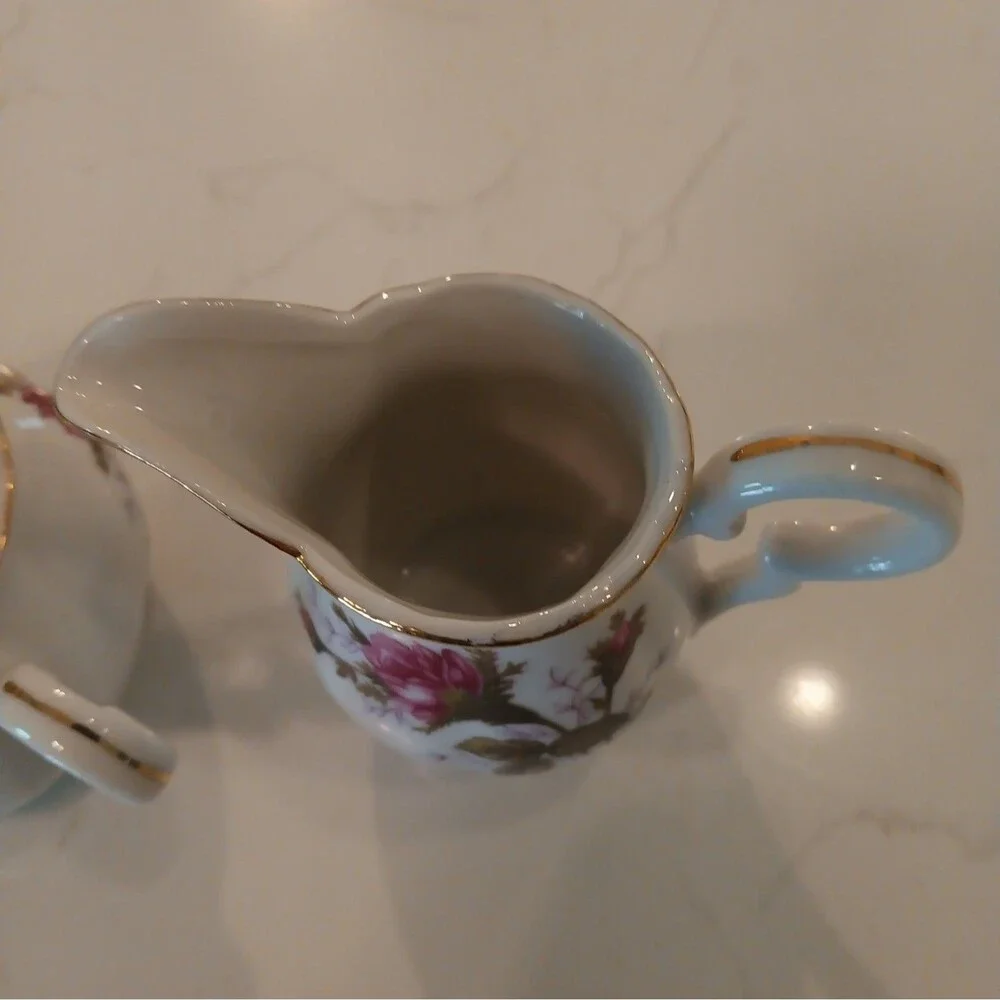 Vintage MCM Moss Rose Sugar Bowl and Creamer Set with Hand Painted Gold Trim